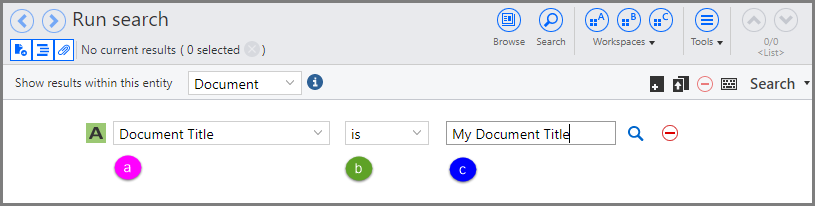Search page showing the following search expression:
Document Title is My Document Title.